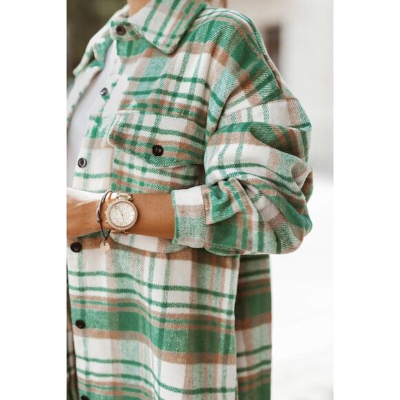 Azura Exchange  Green Plaid Flap Pocket Long Sleeve Shacket - Picture 3 of 7